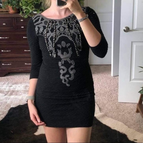 Free people Black textured “Looking for a  Stud” studded 3/4 sleeve mini dress - Picture 12 of 16